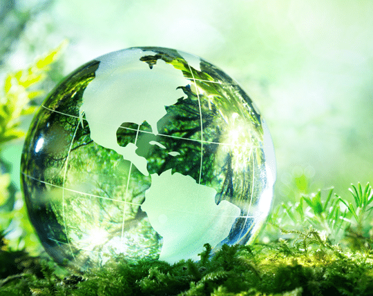 a green glass planet surrounded by foliage